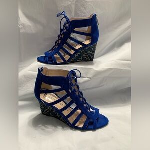 Blue Lace up Wedges with Black and White Wedge Heels